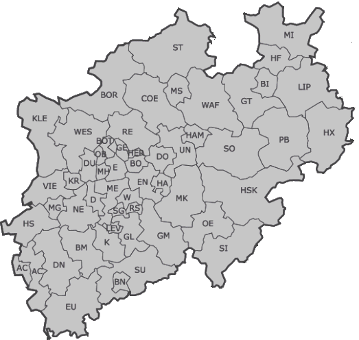 Kfz-Kennzeichen-Karte Nordrhein-Westfalen